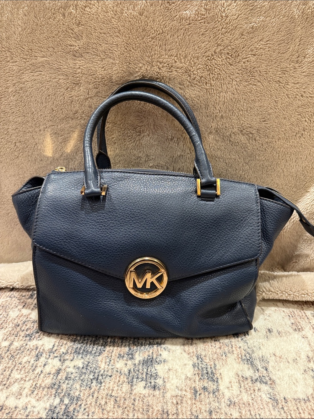 Michael Kors Large Hudson Navy Pebbled Leather Satchel with Gold MK Emblem